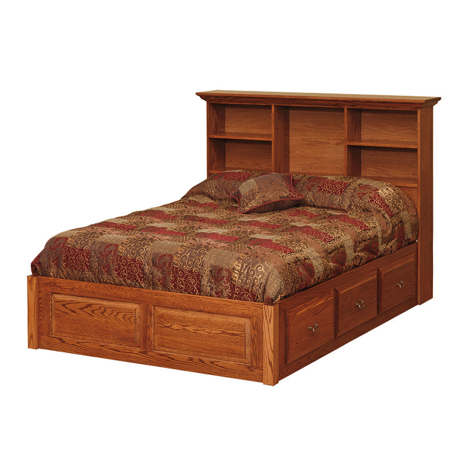Raised Panel Captain's Platform Bed with Drawers & Bookcase Headboard (OCH #372A & #422RP)